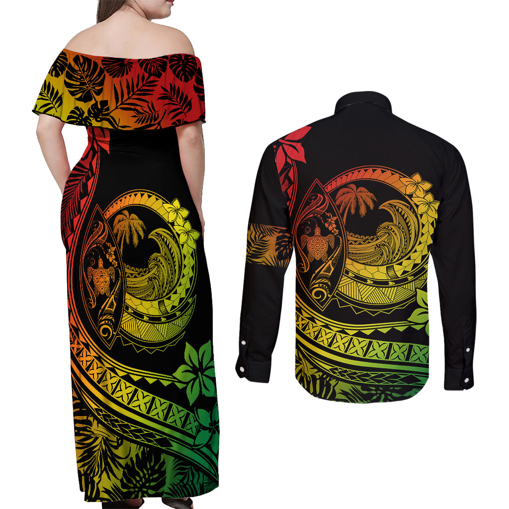 Polynesian Plumeria Couples Matching Off Shoulder Maxi Dress and Long Sleeve Button Shirts Ride The Waves - Reggae LT7 - Polynesian Pride