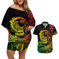 Polynesian Plumeria Couples Matching Off Shoulder Short Dress and Hawaiian Shirt Ride The Waves - Reggae LT7 Reggae - Polynesian Pride