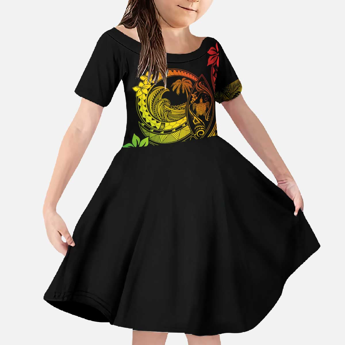 Hawaii Family Matching Outfits Polynesian Plumeria Off Shoulder Long Sleeve Dress And Shirt Family Set Clothes Ride The Waves - Reggae LT7 Daughter's Dress Reggae - Polynesian Pride