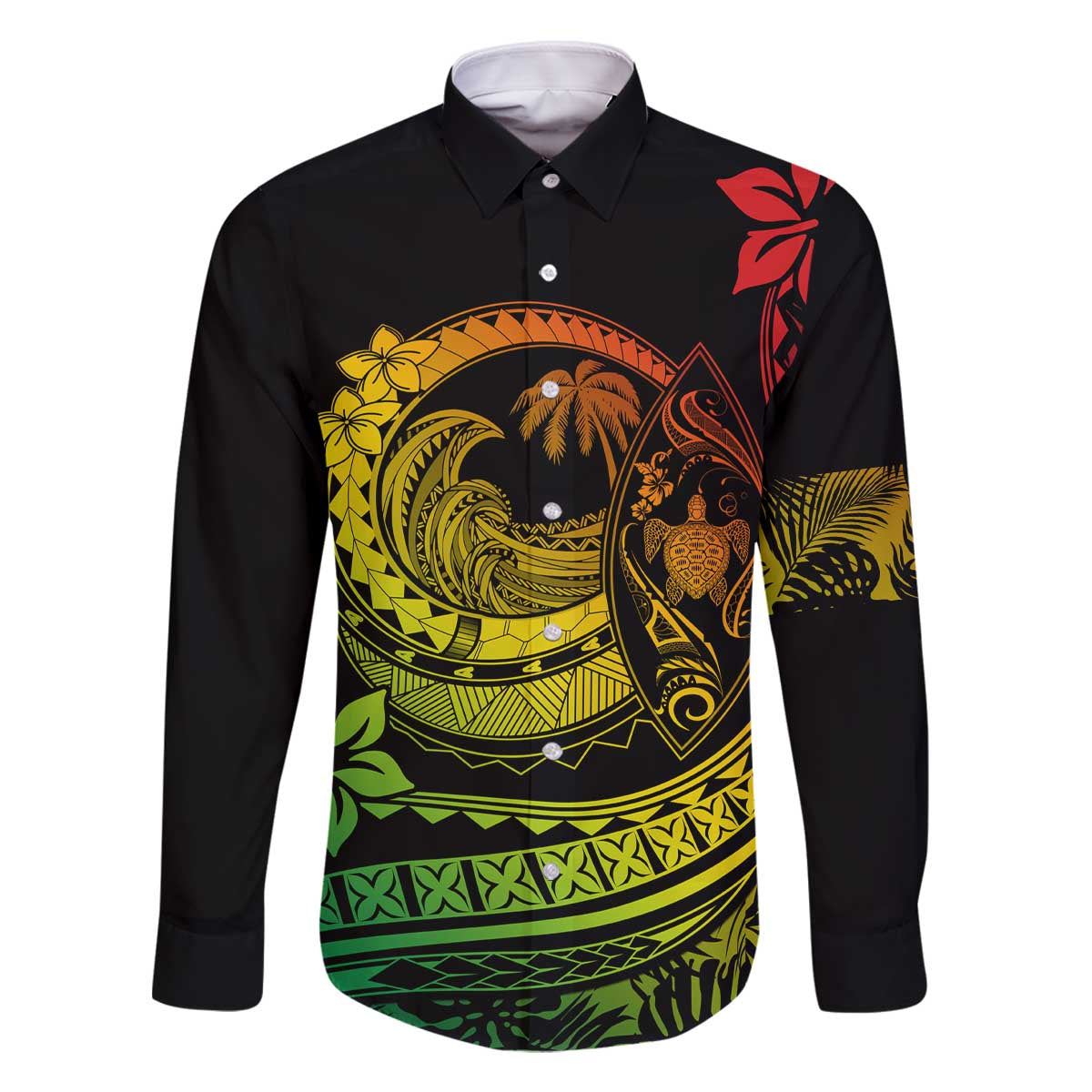 Hawaii Family Matching Outfits Polynesian Plumeria Off Shoulder Long Sleeve Dress And Shirt Family Set Clothes Ride The Waves - Reggae LT7 Dad's Shirt - Long Sleeve Reggae - Polynesian Pride