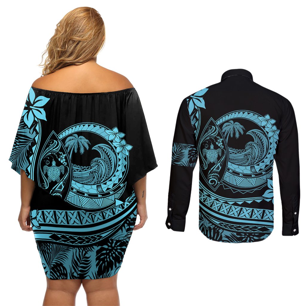 Polynesian Plumeria Couples Matching Off Shoulder Short Dress and Long Sleeve Button Shirts Ride The Waves - Turquoise LT7 - Polynesian Pride