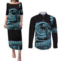 Polynesian Plumeria Couples Matching Puletasi Dress and Long Sleeve Button Shirts Ride The Waves - Turquoise LT7 Turquoise - Polynesian Pride