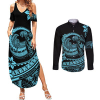 Polynesian Plumeria Couples Matching Summer Maxi Dress and Long Sleeve Button Shirts Ride The Waves - Turquoise LT7 Turquoise - Polynesian Pride