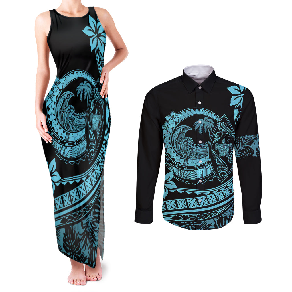 Polynesian Plumeria Couples Matching Tank Maxi Dress and Long Sleeve Button Shirts Ride The Waves - Turquoise LT7 Turquoise - Polynesian Pride