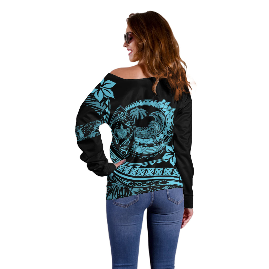 Polynesian Plumeria Off Shoulder Sweater Ride The Waves - Turquoise LT7 - Polynesian Pride