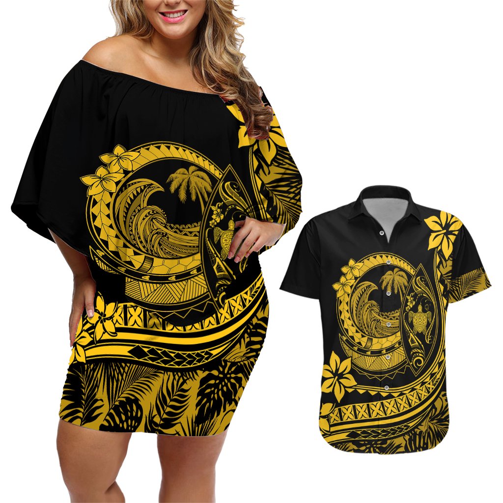 Polynesian Plumeria Couples Matching Off Shoulder Short Dress and Hawaiian Shirt Ride The Waves - Yellow LT7 Yellow - Polynesian Pride