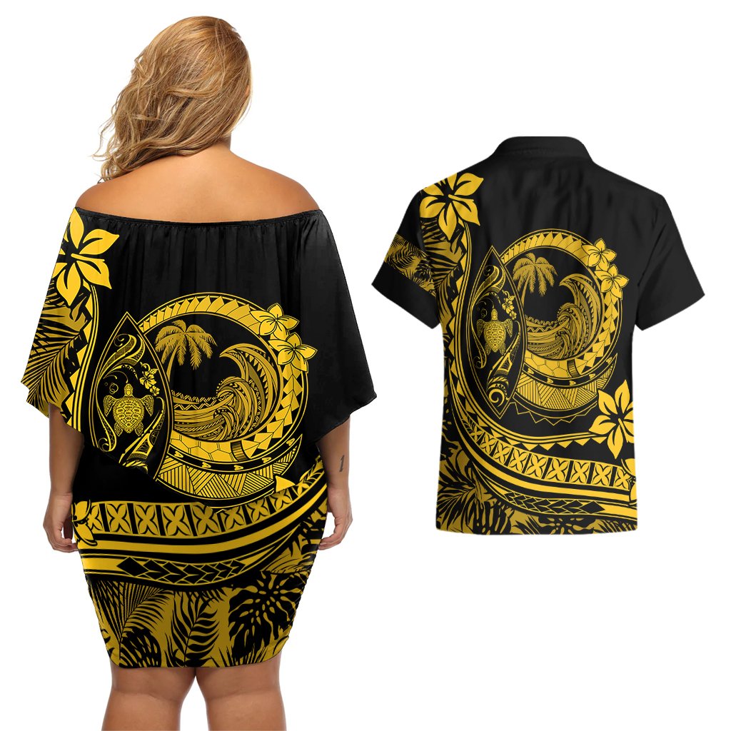 Polynesian Plumeria Couples Matching Off Shoulder Short Dress and Hawaiian Shirt Ride The Waves - Yellow LT7 - Polynesian Pride