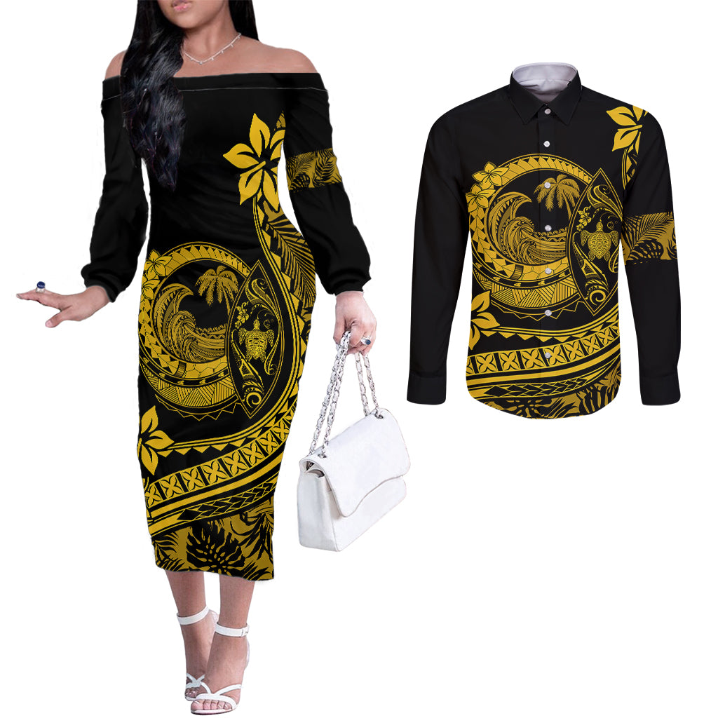 Polynesian Plumeria Couples Matching Off The Shoulder Long Sleeve Dress and Long Sleeve Button Shirts Ride The Waves - Yellow LT7 Yellow - Polynesian Pride