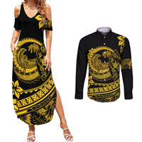 Polynesian Plumeria Couples Matching Summer Maxi Dress and Long Sleeve Button Shirts Ride The Waves - Yellow LT7 Yellow - Polynesian Pride