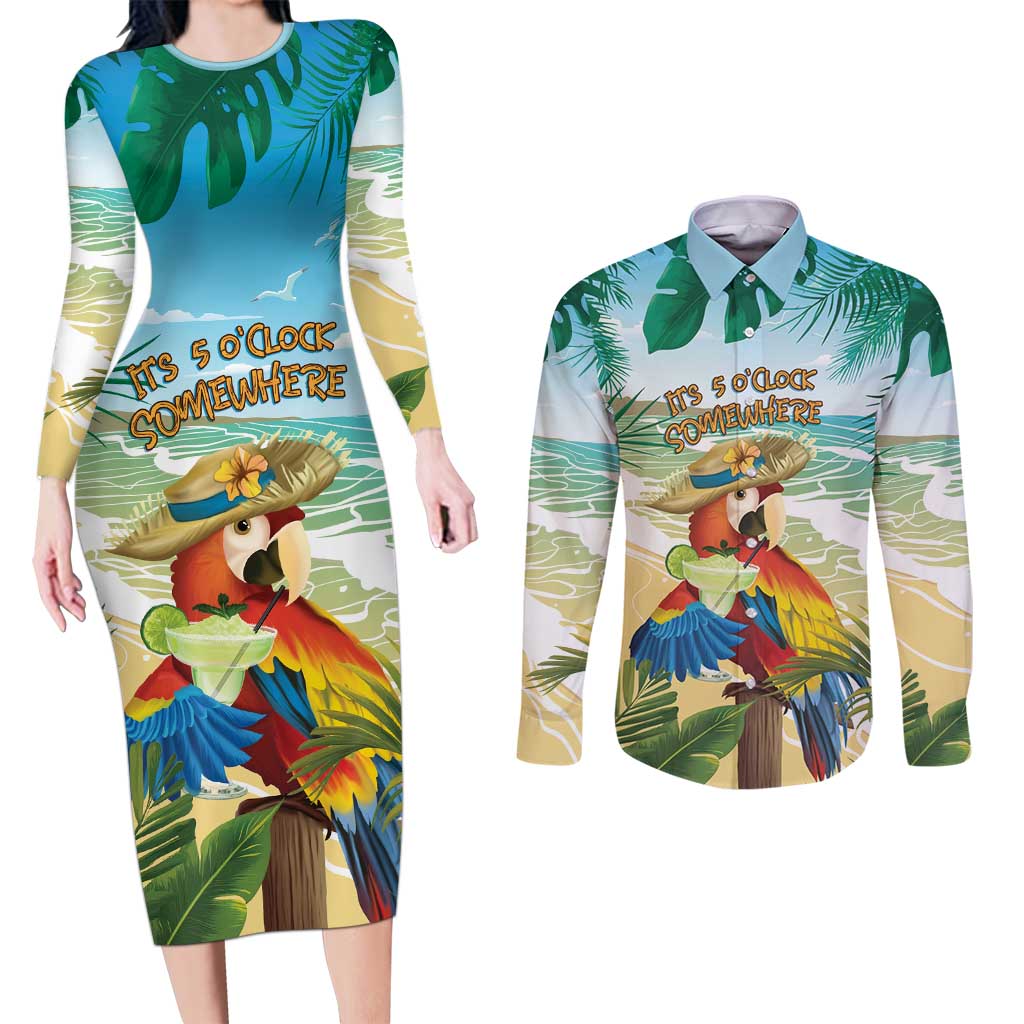 Aloha Hawaii It's 5 o'clock Somewhere Couples Matching Long Sleeve Bodycon Dress and Long Sleeve Button Shirt LT7 Blue - Polynesian Pride