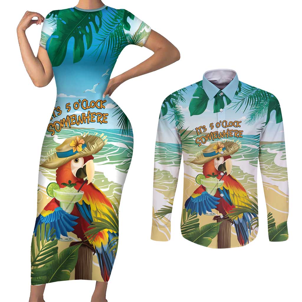 Aloha Hawaii It's 5 o'clock Somewhere Couples Matching Short Sleeve Bodycon Dress and Long Sleeve Button Shirt LT7 Blue - Polynesian Pride