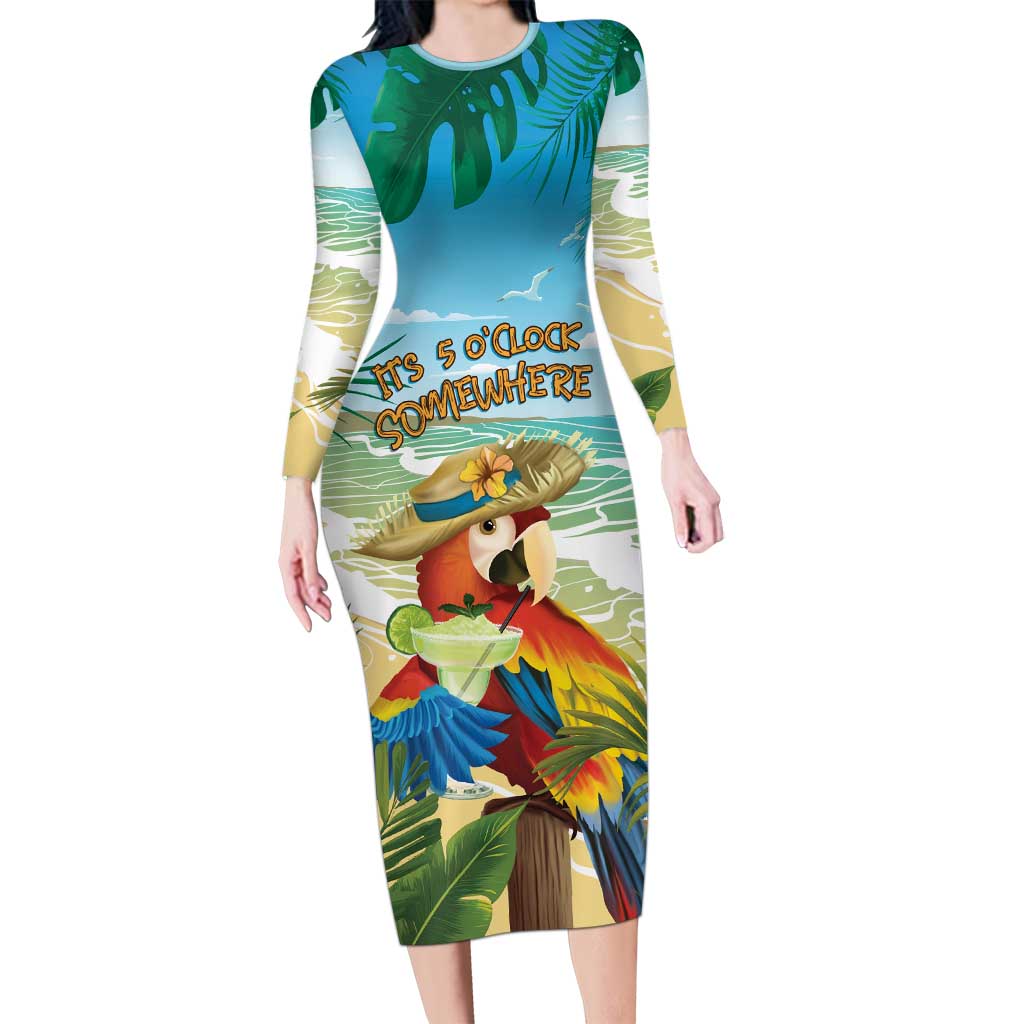 Aloha Hawaii It's 5 o'clock Somewhere Family Matching Long Sleeve Bodycon Dress and Hawaiian Shirt LT7 Mom's Dress Blue - Polynesian Pride