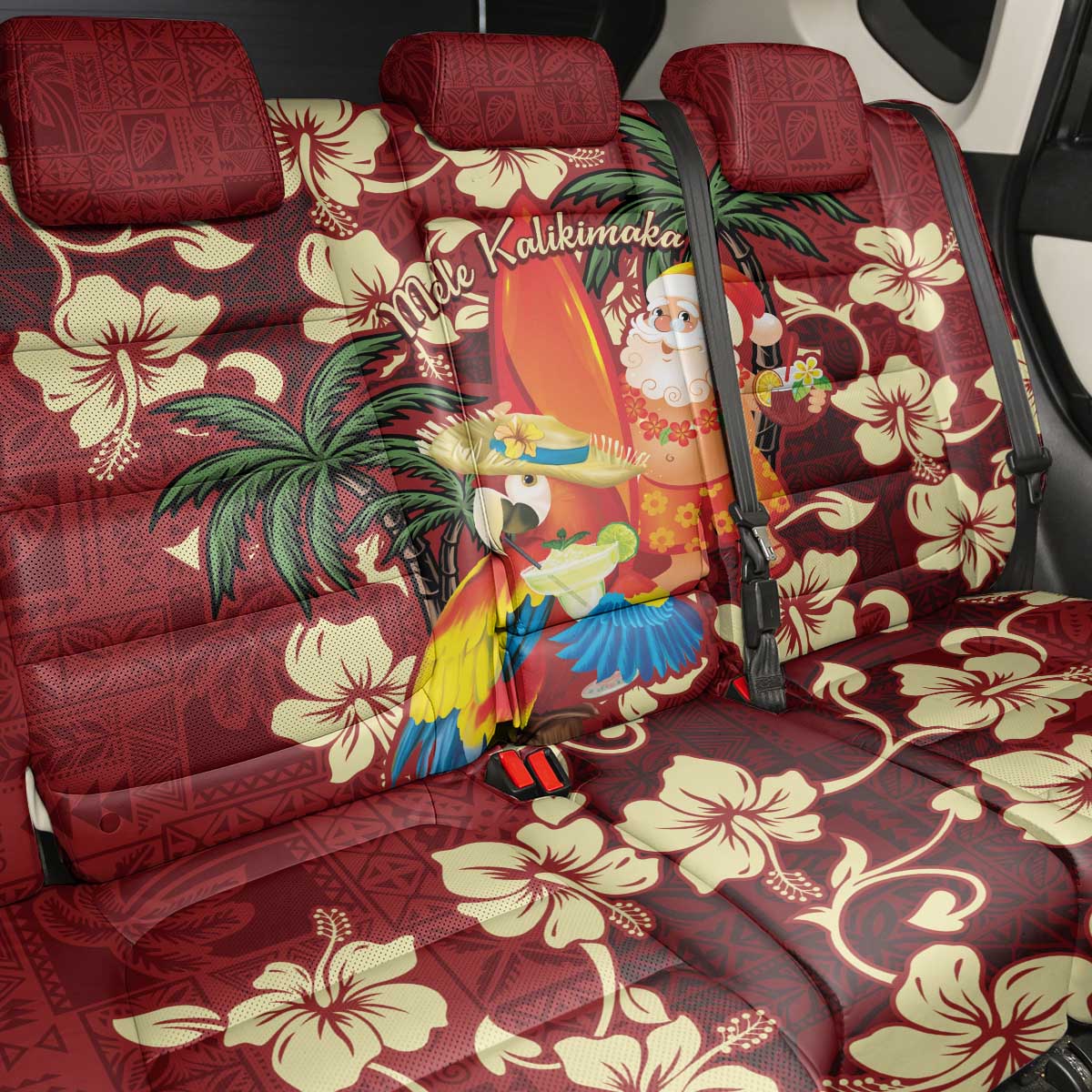 Crimson Red Tropical Christmas Hawaii Tapa Back Car Seat Cover Aloha Santa Drink Party LT7 - Polynesian Pride