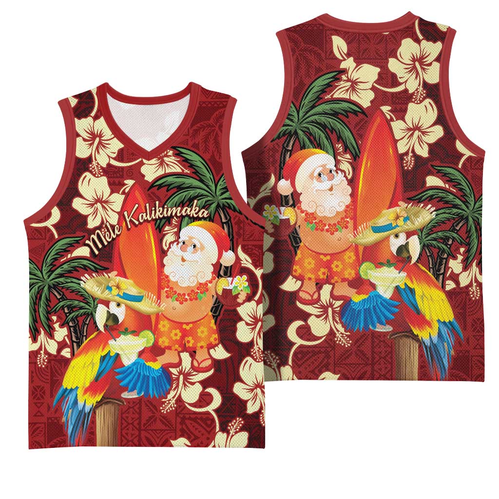 Crimson Red Tropical Christmas Hawaii Tapa Basketball Jersey Aloha Santa Drink Party LT7 - Polynesian Pride