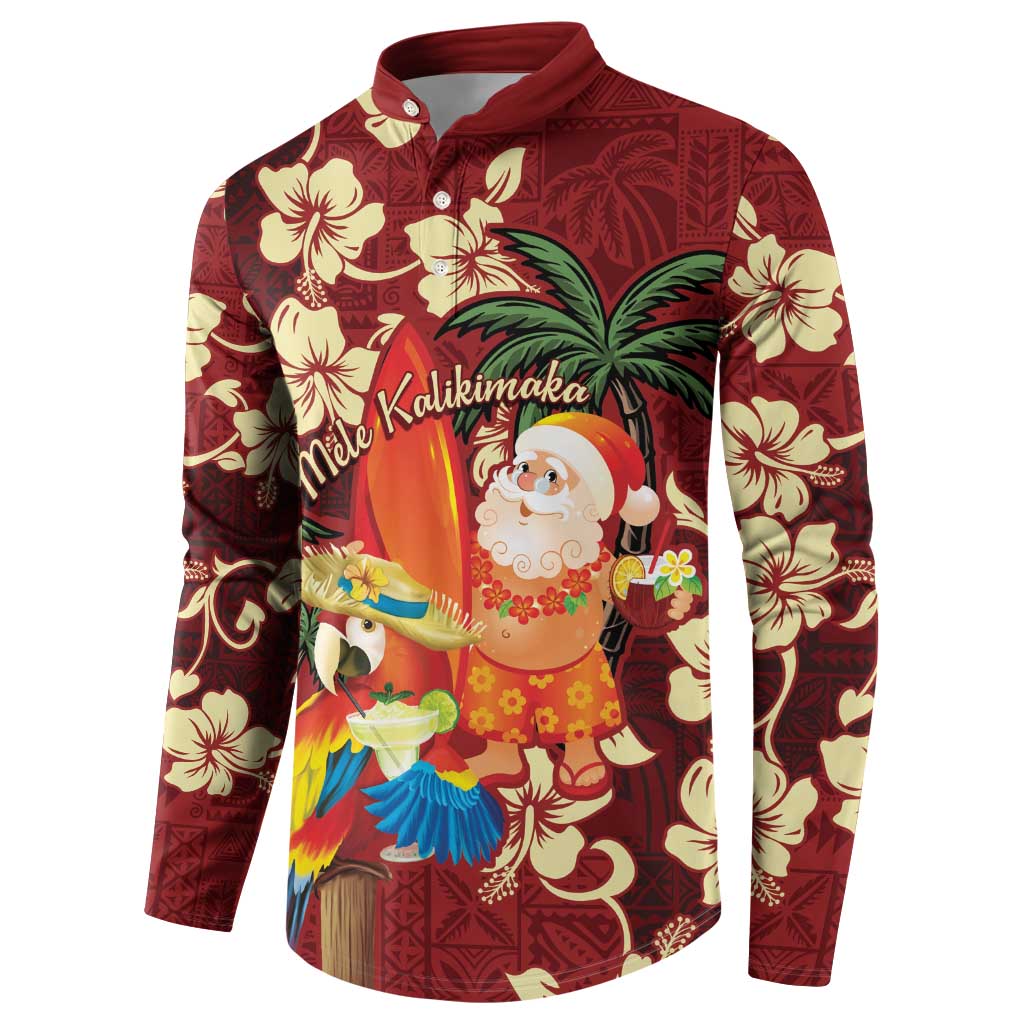 Crimson Red Tropical Christmas Hawaii Tapa Button Sweatshirt Aloha Santa Drink Party - Polynesian Pride