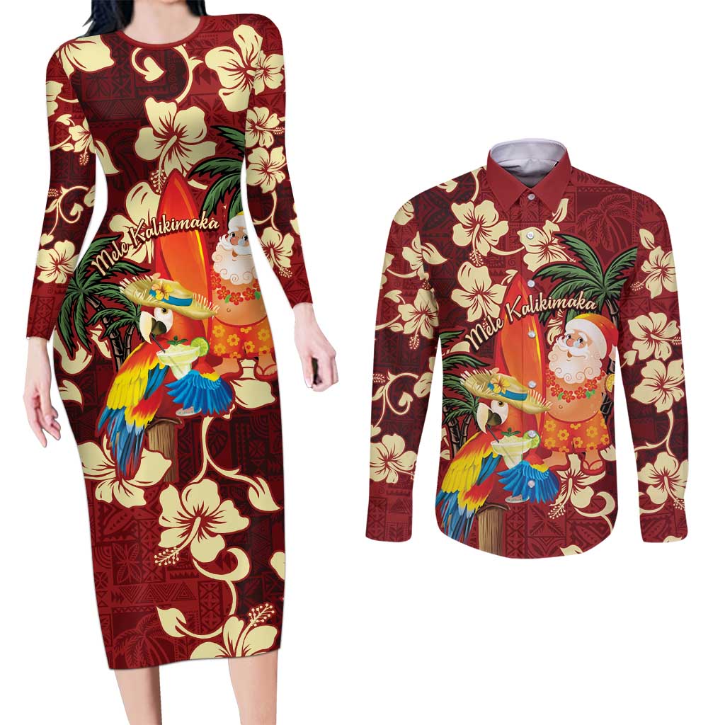 Crimson Red Tropical Christmas Hawaii Tapa Couples Matching Long Sleeve Bodycon Dress and Long Sleeve Button Shirt Aloha Santa Drink Party LT7 Red - Polynesian Pride