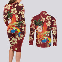 Crimson Red Tropical Christmas Hawaii Tapa Couples Matching Long Sleeve Bodycon Dress and Long Sleeve Button Shirt Aloha Santa Drink Party LT7 - Polynesian Pride