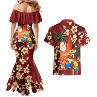 Crimson Red Tropical Christmas Hawaii Tapa Couples Matching Mermaid Dress and Hawaiian Shirt Aloha Santa Drink Party LT7 - Polynesian Pride