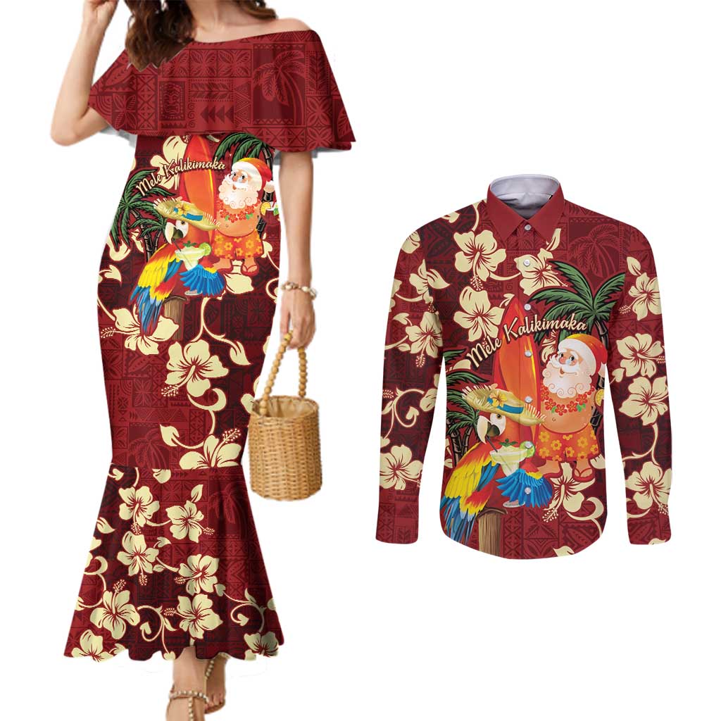 Crimson Red Tropical Christmas Hawaii Tapa Couples Matching Mermaid Dress and Long Sleeve Button Shirt Aloha Santa Drink Party LT7 Red - Polynesian Pride