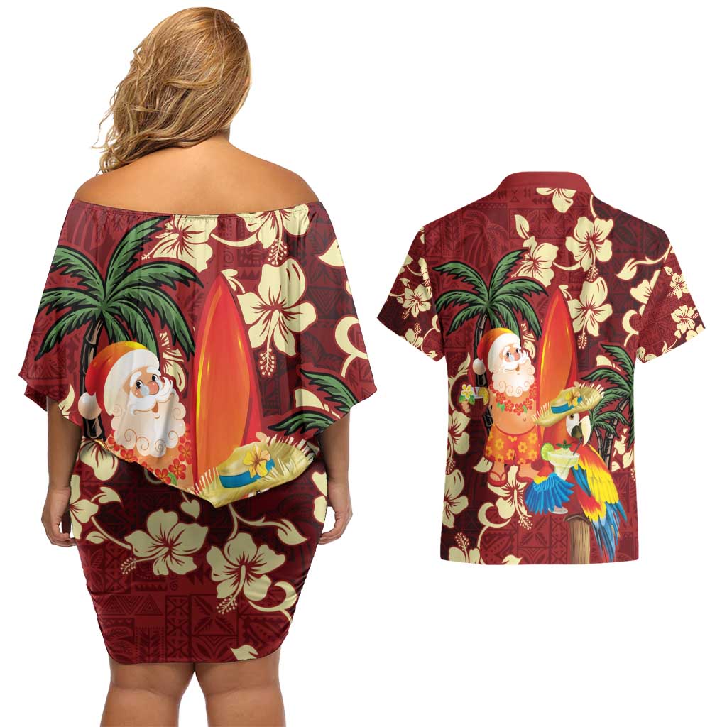 Crimson Red Tropical Christmas Hawaii Tapa Couples Matching Off Shoulder Short Dress and Hawaiian Shirt Aloha Santa Drink Party LT7 - Polynesian Pride
