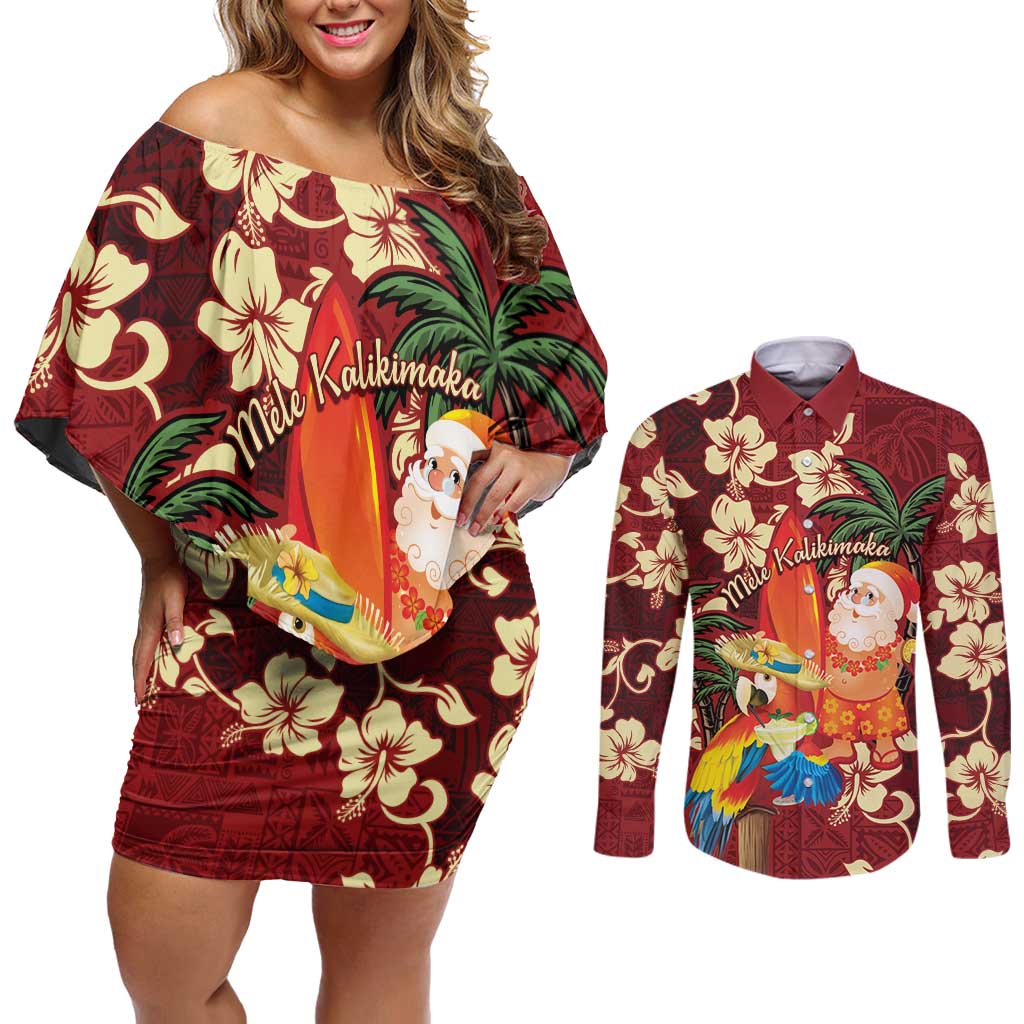 Crimson Red Tropical Christmas Hawaii Tapa Couples Matching Off Shoulder Short Dress and Long Sleeve Button Shirt Aloha Santa Drink Party LT7 Red - Polynesian Pride
