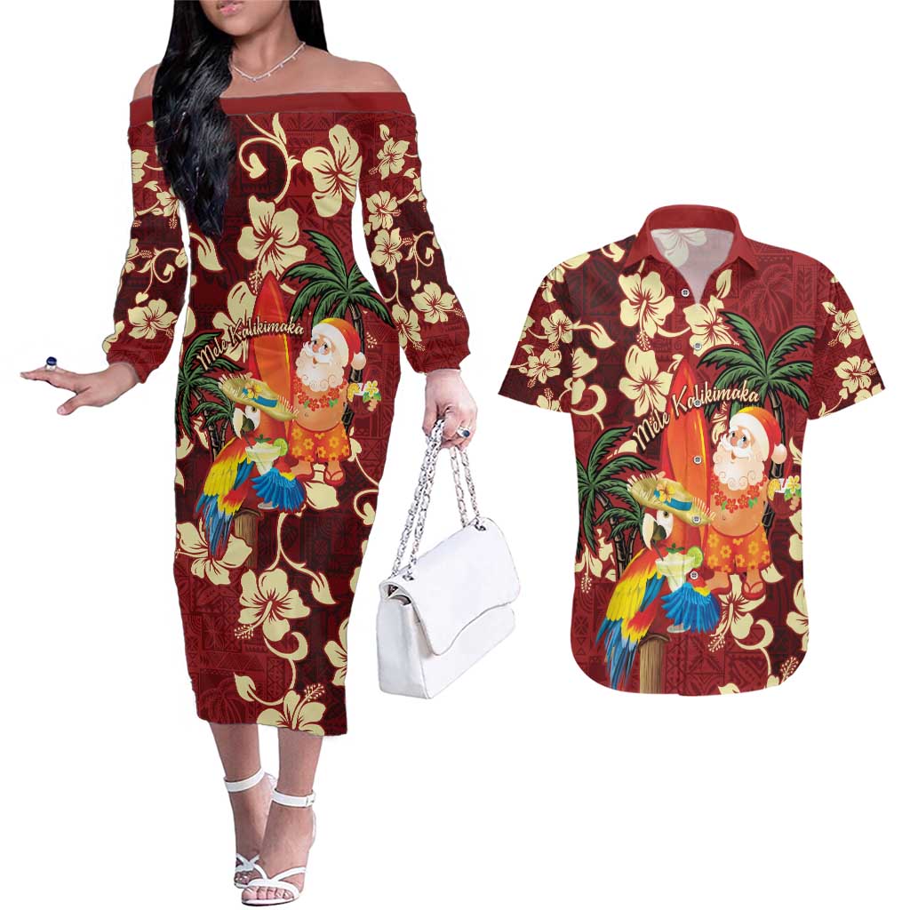 Crimson Red Tropical Christmas Hawaii Tapa Couples Matching Off The Shoulder Long Sleeve Dress and Hawaiian Shirt Aloha Santa Drink Party LT7 Red - Polynesian Pride