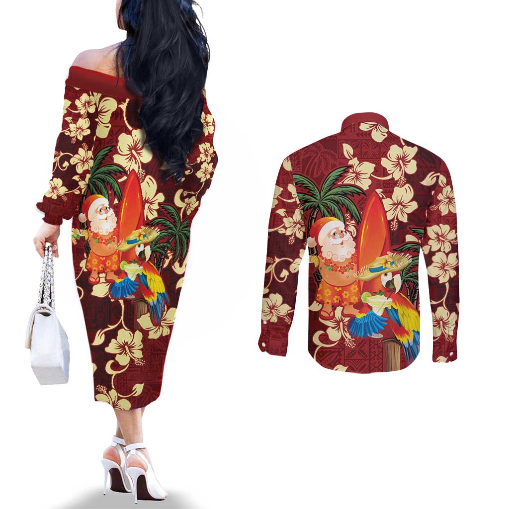 Crimson Red Tropical Christmas Hawaii Tapa Couples Matching Off The Shoulder Long Sleeve Dress and Long Sleeve Button Shirt Aloha Santa Drink Party LT7 - Polynesian Pride