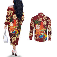 Crimson Red Tropical Christmas Hawaii Tapa Couples Matching Off The Shoulder Long Sleeve Dress and Long Sleeve Button Shirt Aloha Santa Drink Party LT7 - Polynesian Pride