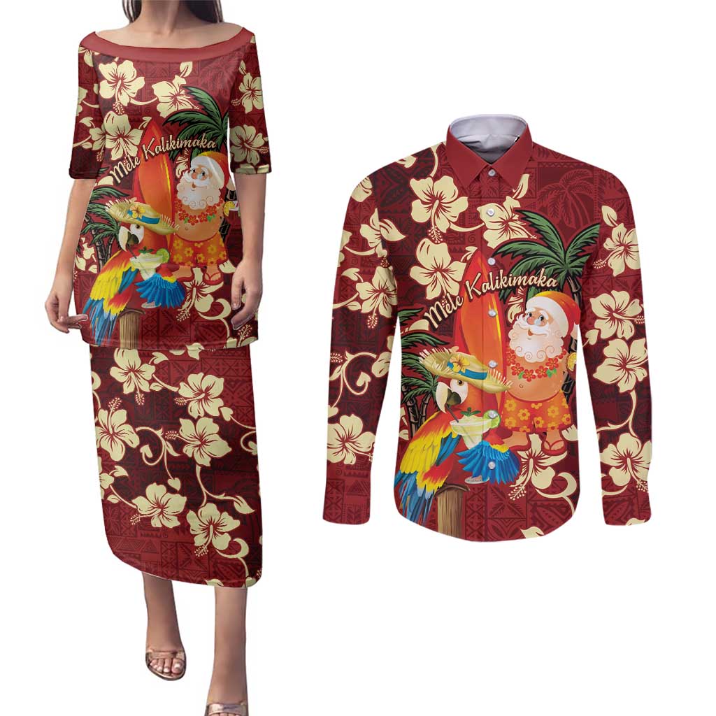 Crimson Red Tropical Christmas Hawaii Tapa Couples Matching Puletasi and Long Sleeve Button Shirt Aloha Santa Drink Party LT7 Red - Polynesian Pride