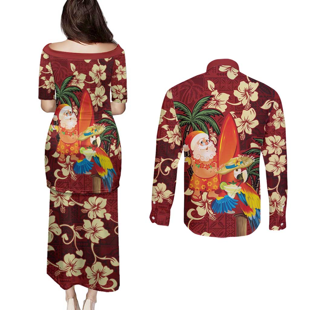 Crimson Red Tropical Christmas Hawaii Tapa Couples Matching Puletasi and Long Sleeve Button Shirt Aloha Santa Drink Party LT7 - Polynesian Pride
