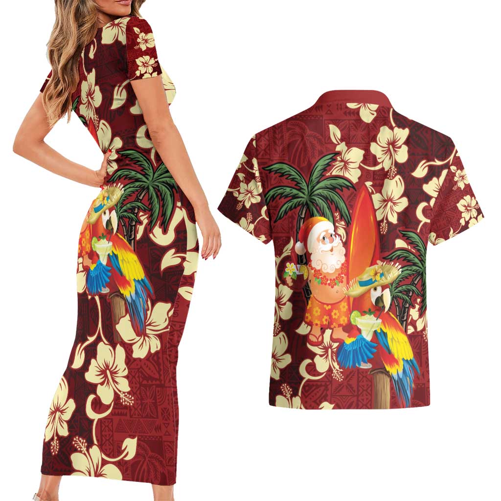 Crimson Red Tropical Christmas Hawaii Tapa Couples Matching Short Sleeve Bodycon Dress and Hawaiian Shirt Aloha Santa Drink Party LT7 - Polynesian Pride