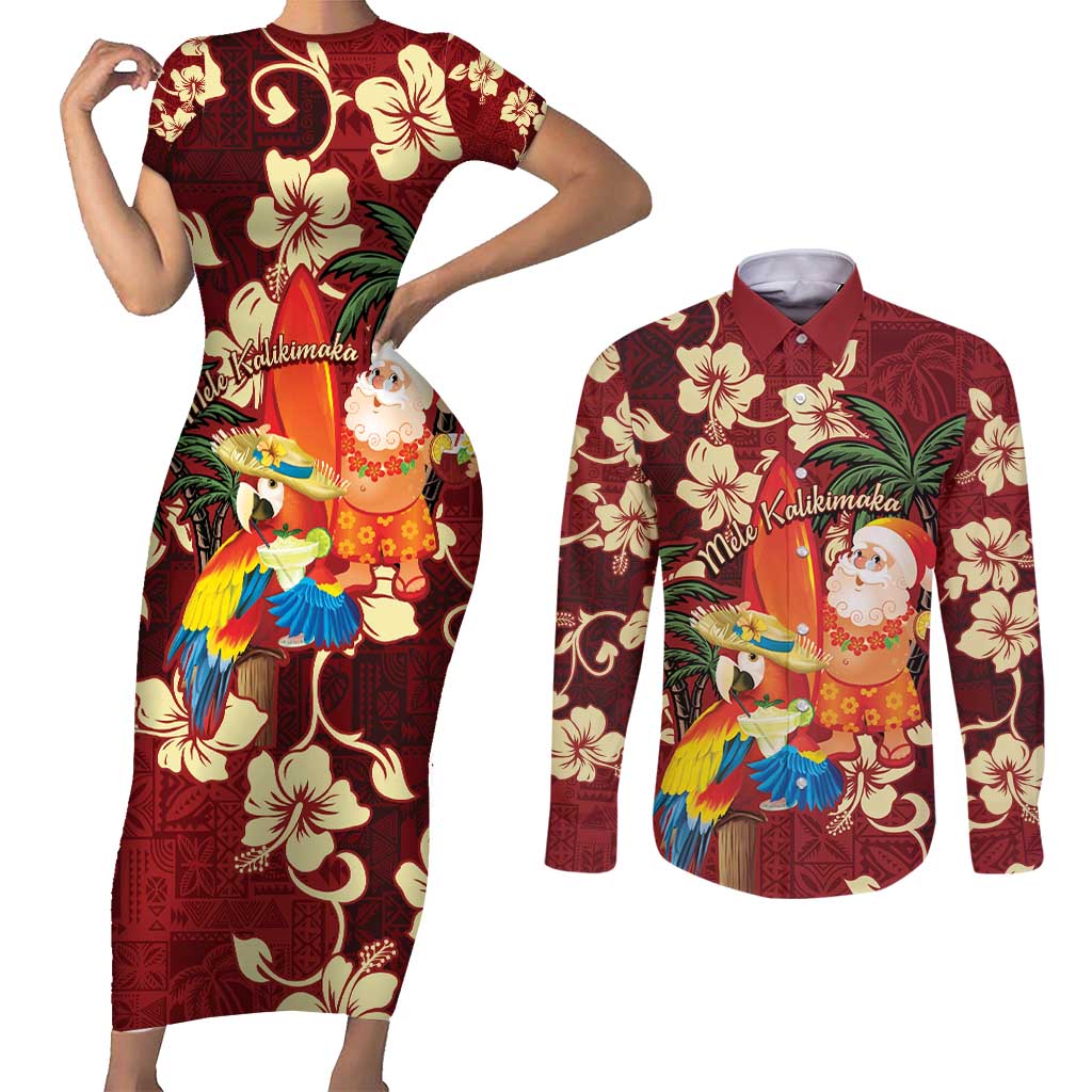Crimson Red Tropical Christmas Hawaii Tapa Couples Matching Short Sleeve Bodycon Dress and Long Sleeve Button Shirt Aloha Santa Drink Party LT7 Red - Polynesian Pride