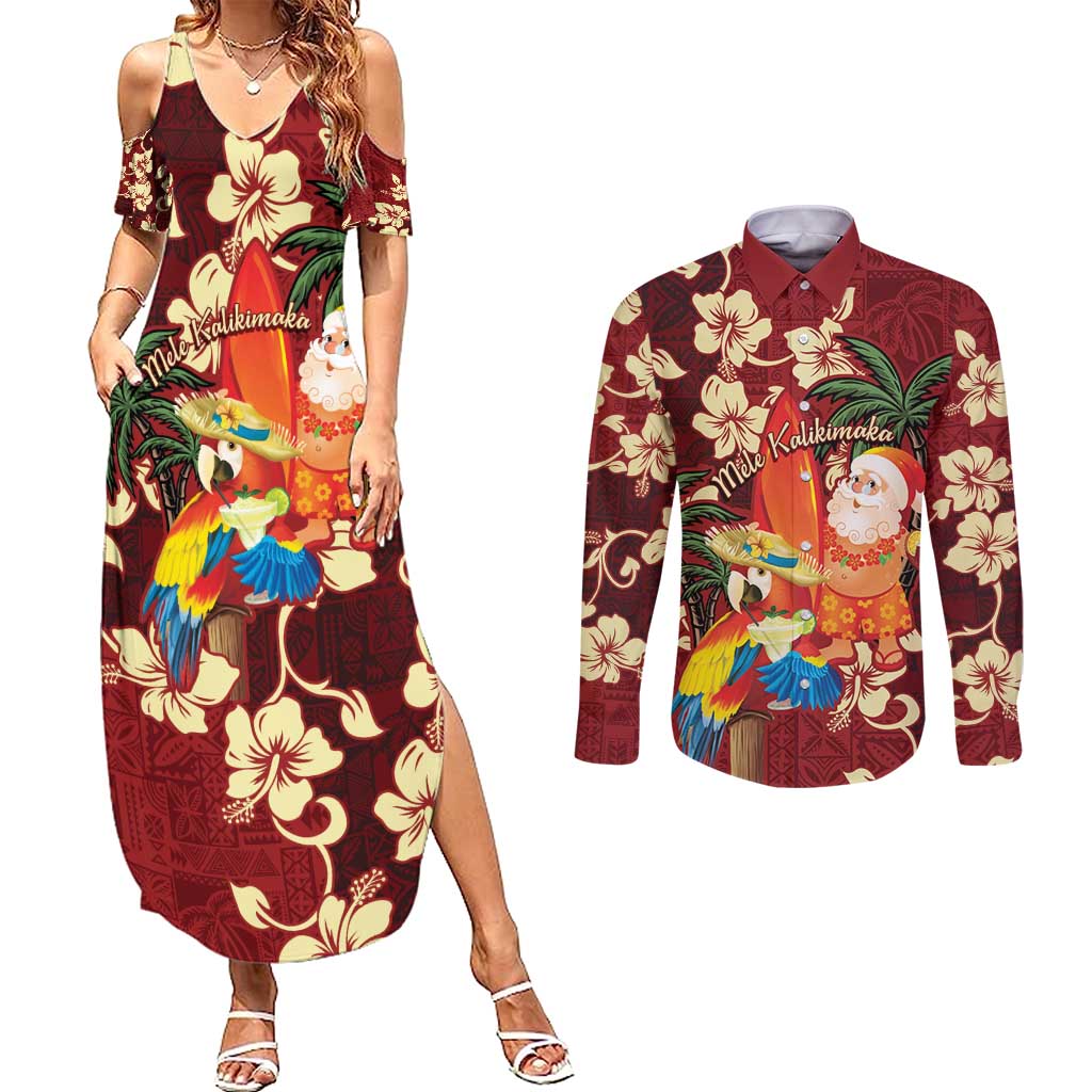 Crimson Red Tropical Christmas Hawaii Tapa Couples Matching Summer Maxi Dress and Long Sleeve Button Shirt Aloha Santa Drink Party LT7 Red - Polynesian Pride
