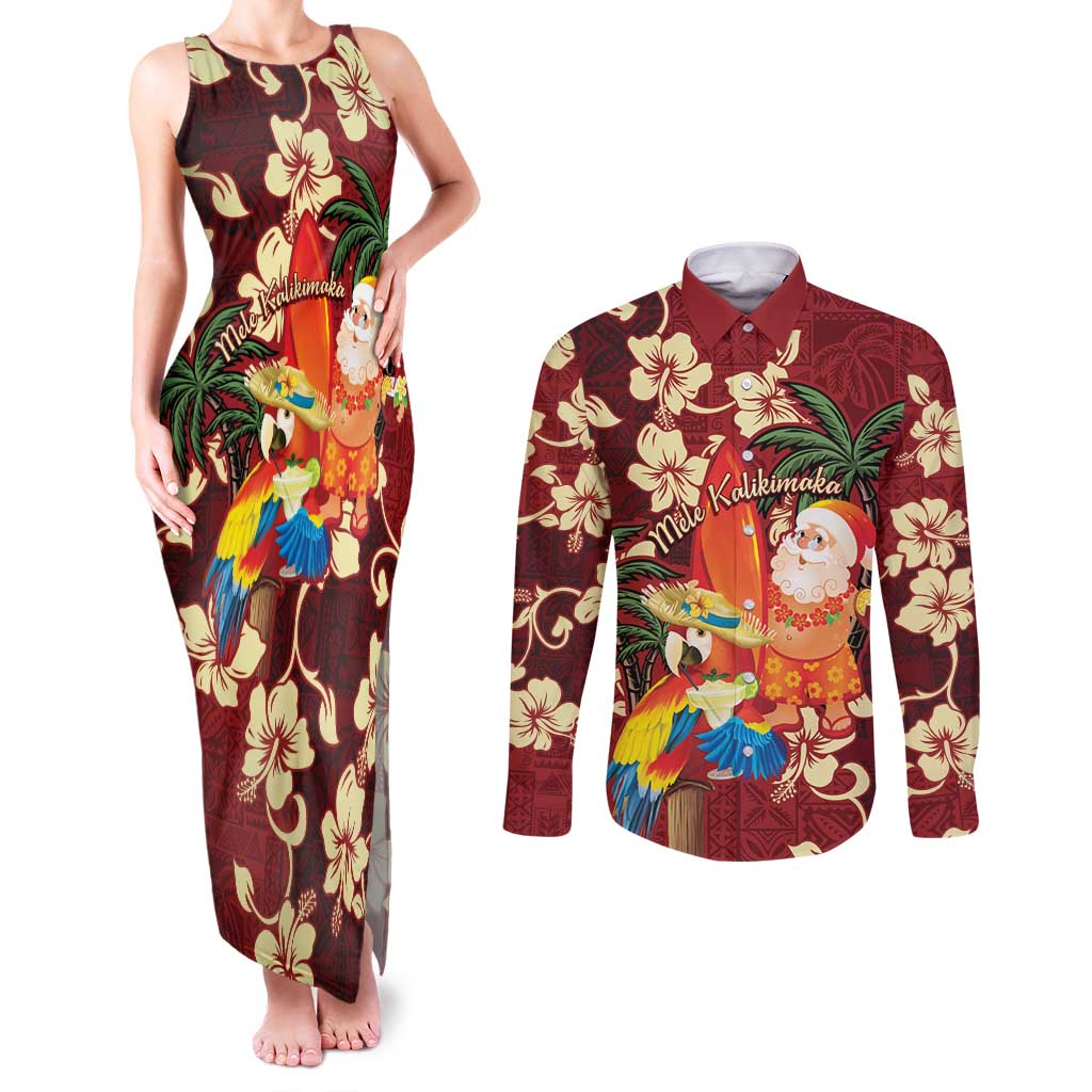 Crimson Red Tropical Christmas Hawaii Tapa Couples Matching Tank Maxi Dress and Long Sleeve Button Shirt Aloha Santa Drink Party LT7 Red - Polynesian Pride