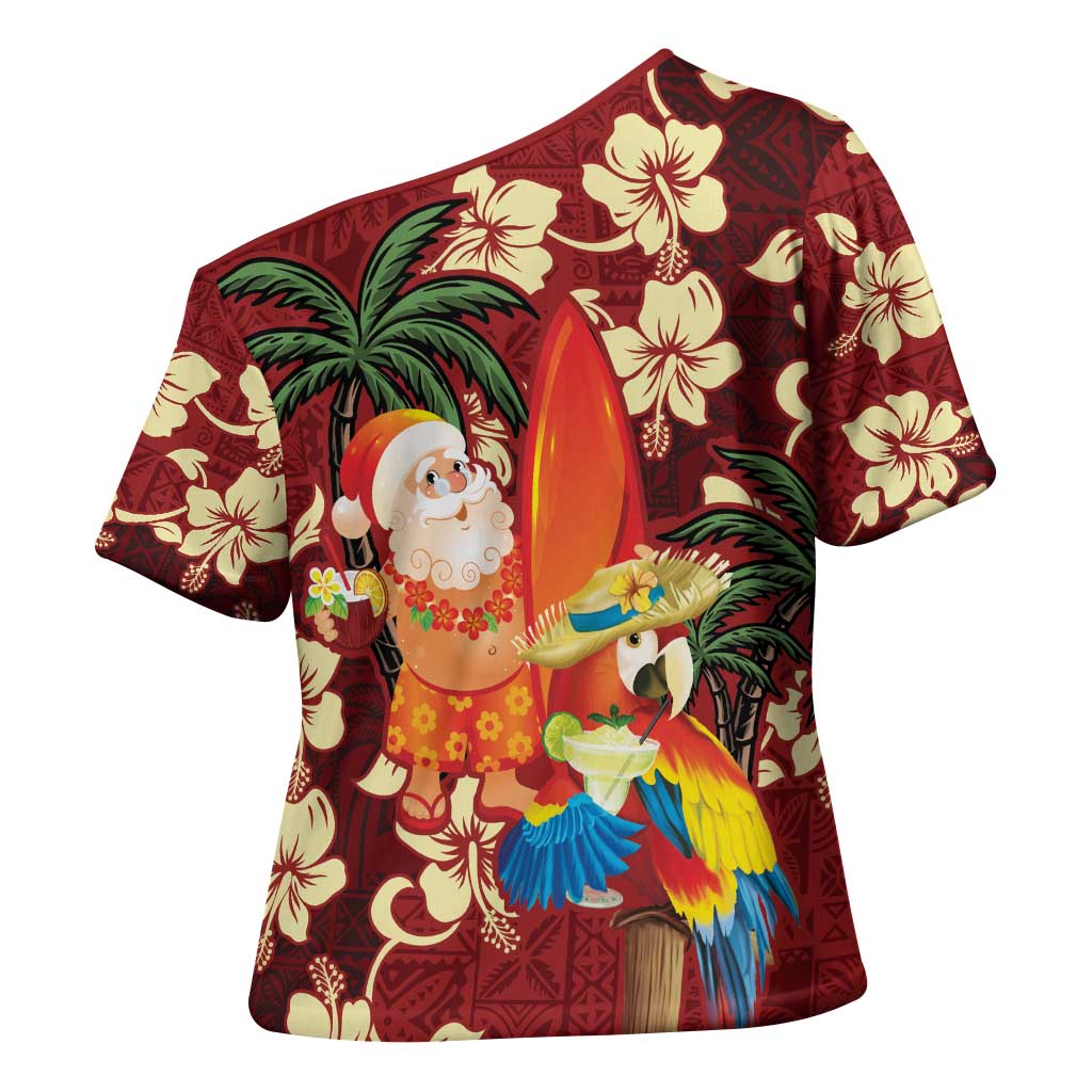 Crimson Red Tropical Christmas Hawaii Tapa Cross Shoulder Shirt Aloha Santa Drink Party LT7 - Polynesian Pride