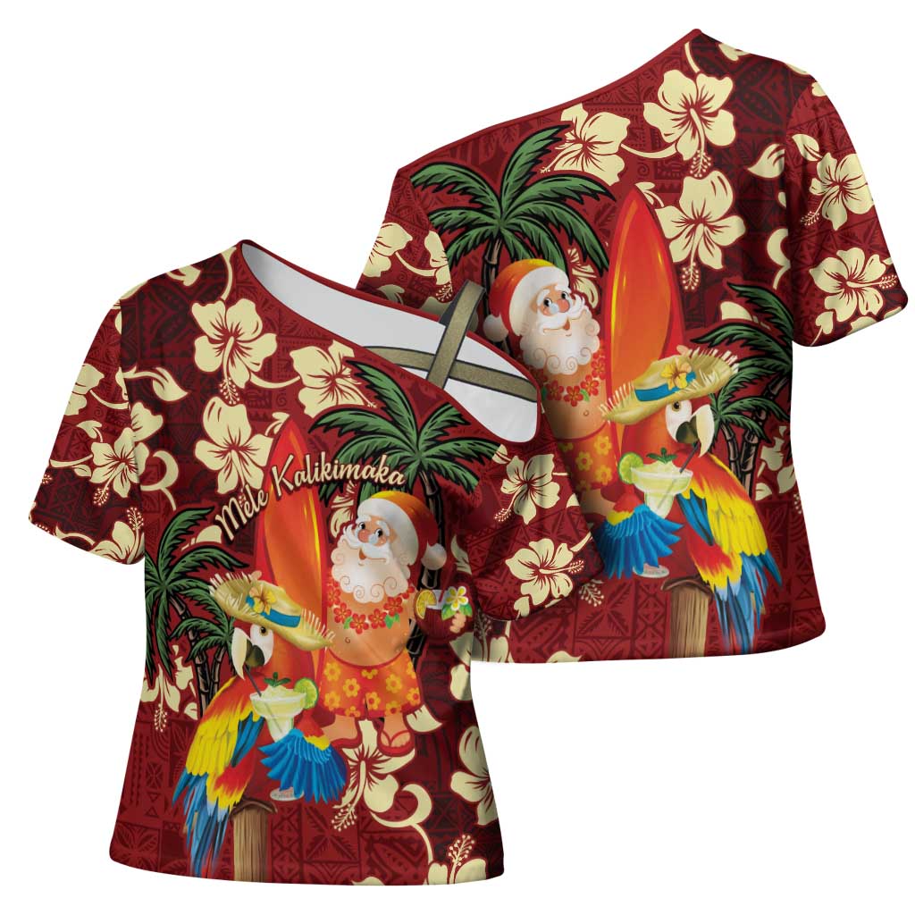 Crimson Red Tropical Christmas Hawaii Tapa Cross Shoulder Shirt Aloha Santa Drink Party LT7 - Polynesian Pride