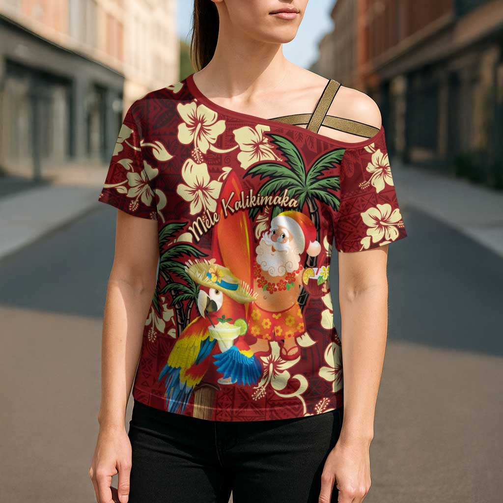 Crimson Red Tropical Christmas Hawaii Tapa Cross Shoulder Shirt Aloha Santa Drink Party LT7 - Polynesian Pride