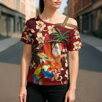 Crimson Red Tropical Christmas Hawaii Tapa Cross Shoulder Shirt Aloha Santa Drink Party LT7 - Polynesian Pride