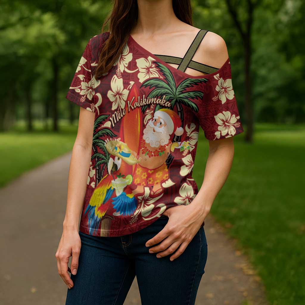 Crimson Red Tropical Christmas Hawaii Tapa Cross Shoulder Shirt Aloha Santa Drink Party LT7 - Polynesian Pride
