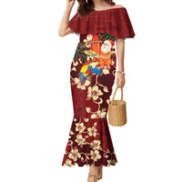 Crimson Red Tropical Christmas Hawaii Tapa Family Matching Mermaid Dress and Hawaiian Shirt Aloha Santa Drink Party LT7 Mom's Dress Red - Polynesian Pride