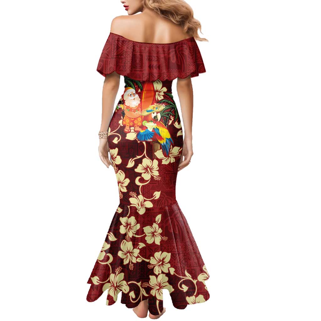 Crimson Red Tropical Christmas Hawaii Tapa Family Matching Mermaid Dress and Hawaiian Shirt Aloha Santa Drink Party LT7 - Polynesian Pride