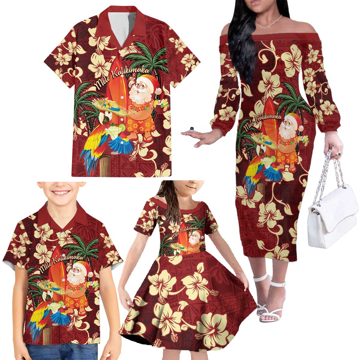 Crimson Red Tropical Christmas Hawaii Tapa Family Matching Off The Shoulder Long Sleeve Dress and Hawaiian Shirt Aloha Santa Drink Party LT7 - Polynesian Pride