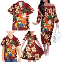 Crimson Red Tropical Christmas Hawaii Tapa Family Matching Off The Shoulder Long Sleeve Dress and Hawaiian Shirt Aloha Santa Drink Party LT7 - Polynesian Pride