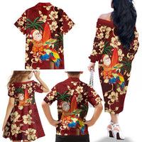 Crimson Red Tropical Christmas Hawaii Tapa Family Matching Off The Shoulder Long Sleeve Dress and Hawaiian Shirt Aloha Santa Drink Party LT7 - Polynesian Pride