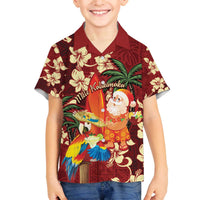 Crimson Red Tropical Christmas Hawaii Tapa Family Matching Off The Shoulder Long Sleeve Dress and Hawaiian Shirt Aloha Santa Drink Party LT7 Son's Shirt Red - Polynesian Pride