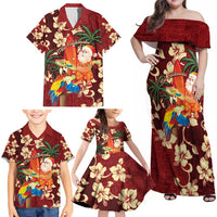 Crimson Red Tropical Christmas Hawaii Tapa Family Matching Off Shoulder Maxi Dress and Hawaiian Shirt Aloha Santa Drink Party LT7 - Polynesian Pride