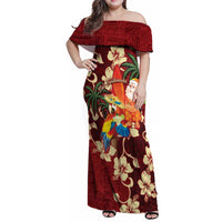 Crimson Red Tropical Christmas Hawaii Tapa Family Matching Off Shoulder Maxi Dress and Hawaiian Shirt Aloha Santa Drink Party LT7 Mom's Dress Red - Polynesian Pride