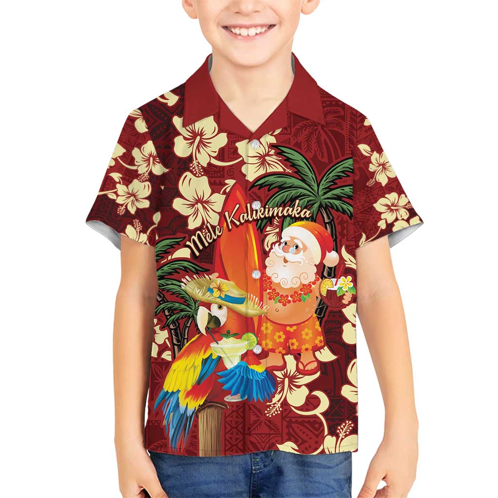Crimson Red Tropical Christmas Hawaii Tapa Family Matching Puletasi and Hawaiian Shirt Aloha Santa Drink Party LT7 Son's Shirt Red - Polynesian Pride