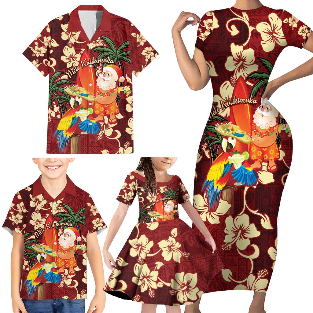 Crimson Red Tropical Christmas Hawaii Tapa Family Matching Short Sleeve Bodycon Dress and Hawaiian Shirt Aloha Santa Drink Party LT7 - Polynesian Pride