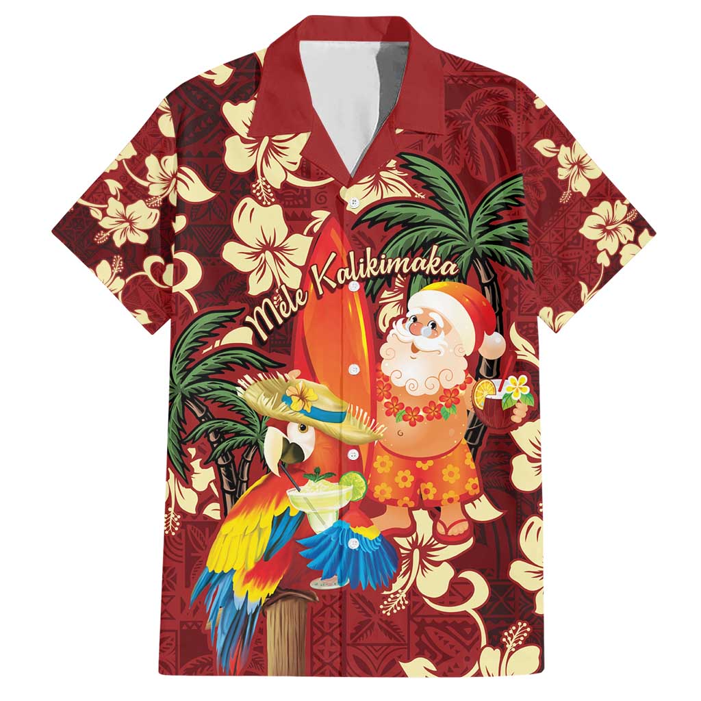 Crimson Red Tropical Christmas Hawaii Tapa Family Matching Short Sleeve Bodycon Dress and Hawaiian Shirt Aloha Santa Drink Party LT7 Dad's Shirt - Short Sleeve Red - Polynesian Pride